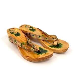 Vintage 90s Woodies Tan Wood Tropical Embroidered Satin Studded Clog Sandals